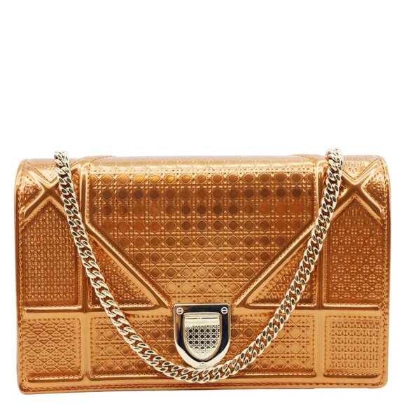 Christian Dior  Diorama Micro-Cannage Patent Leather Wallet on Chain Orange - Picture 1 of 13
